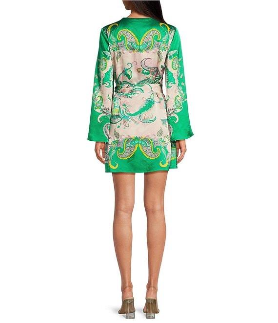 Gianni Bini Jenni Paisley Printed Satin V-Neck Long Sleeve Mini Wrap Dress Product Image