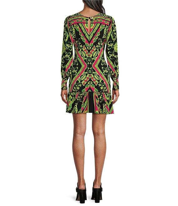 Eva Varro Alicia Flounce Scarf Print Crew Neck Long Sleeve Ruffle A-Line Dress Product Image