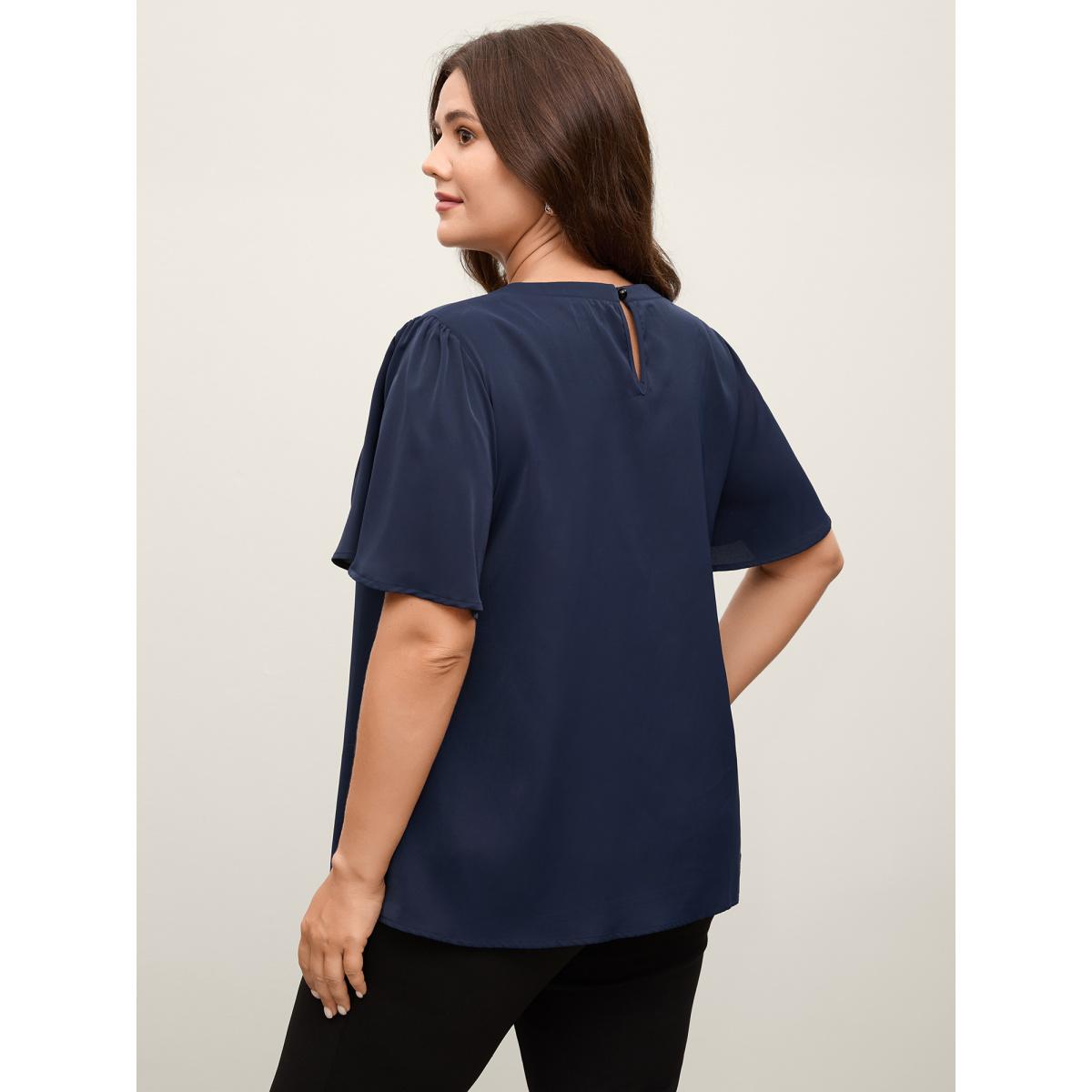 Plus Size DarkBlue Metal Clasp Neckline Lotus Leaf Sleeve Blouse Women Office Short sleeve Non Office Blouses BloomChic 18-20/2X Product Image