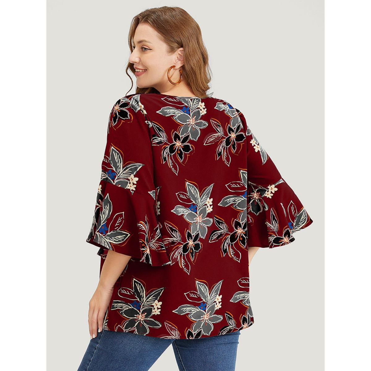 Plus Size Scarlet Floral Print Keyhole Neck Split Bell Sleeve Blouse Women Elegant Elbow-length sleeve Round Neck Dailywear Blouses BloomChic 12/L Product Image