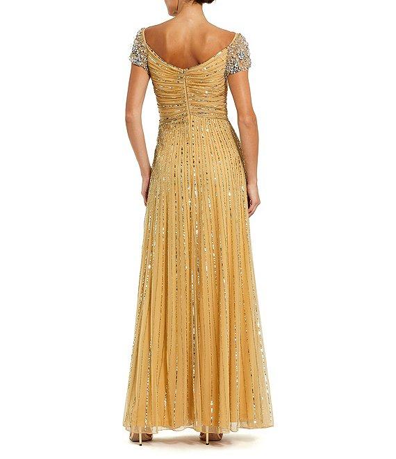 Mac Duggal Sequin Mesh V-Neck Beaded Shoulder A-Line Gown Product Image