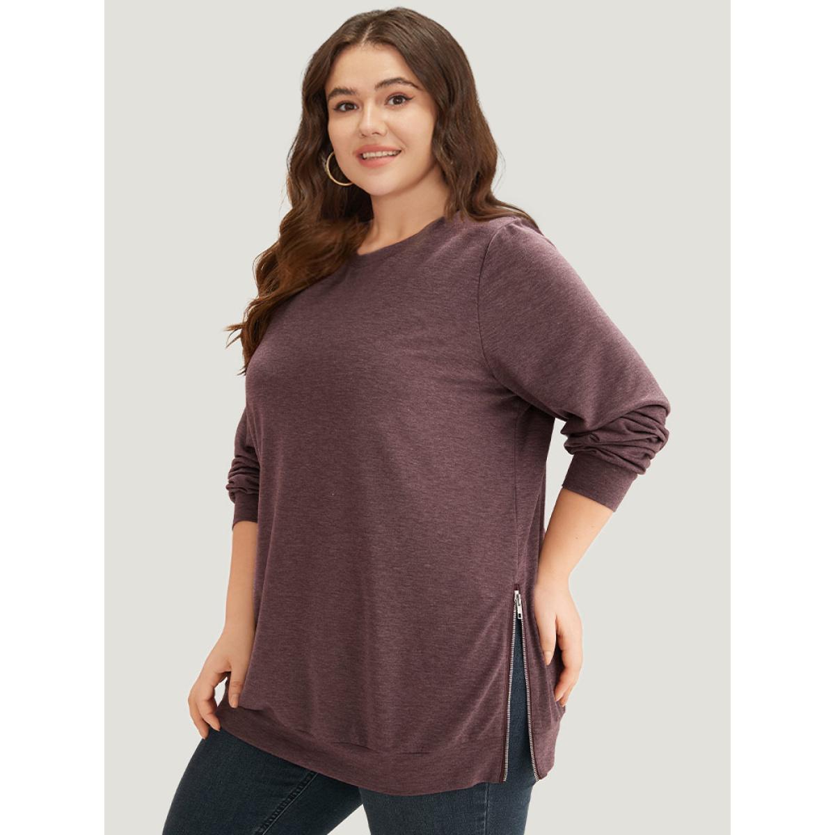 Plus Size Plain Zipper Round Neck Elastic Cuffs Sweatshirt Women Mauve Casual Elastic cuffs Round Neck Dailywear Sweatshirts BloomChic 18-20/2X Product Image