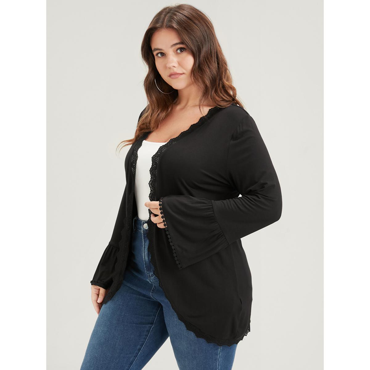 Plus Size Solid Ruffle Sleeve Lace Trim Coat Women Black Elegant Patchwork Ladies Dailywear Winter Coats BloomChic 12/L Product Image