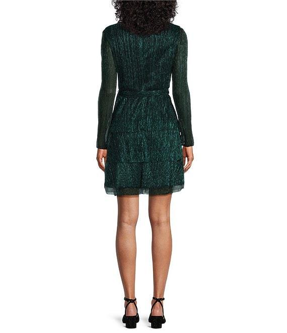 Leslie Fay V-Neck Long Balloon Sleeve Tiered Skirt Tie Waist Dress Product Image