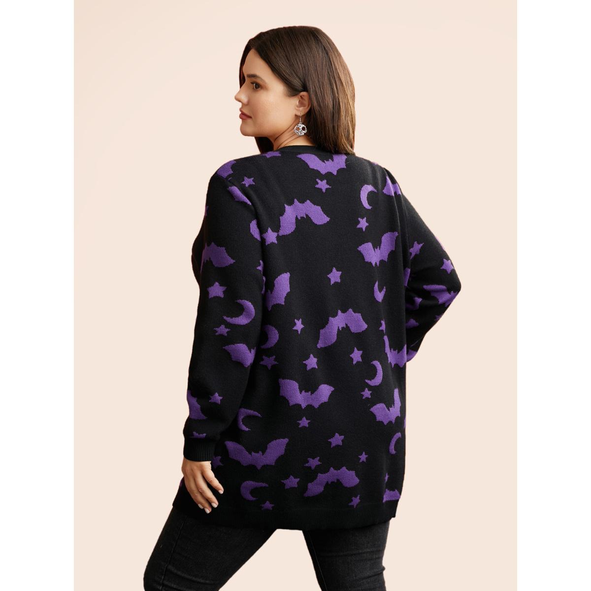 Plus Size Bat Printed Jacquard Cardigan Black Women Casual Loose Long Sleeve Everyday Cardigans BloomChic 14-16/1X Product Image