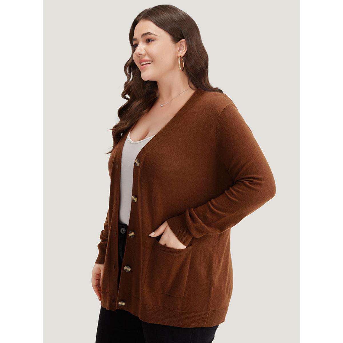 Plus Size Supersoft Essentials Button Up Patched Pocket Cardigan Maroon Women Casual Loose Long Sleeve Everyday Cardigans BloomChic 12/L Product Image