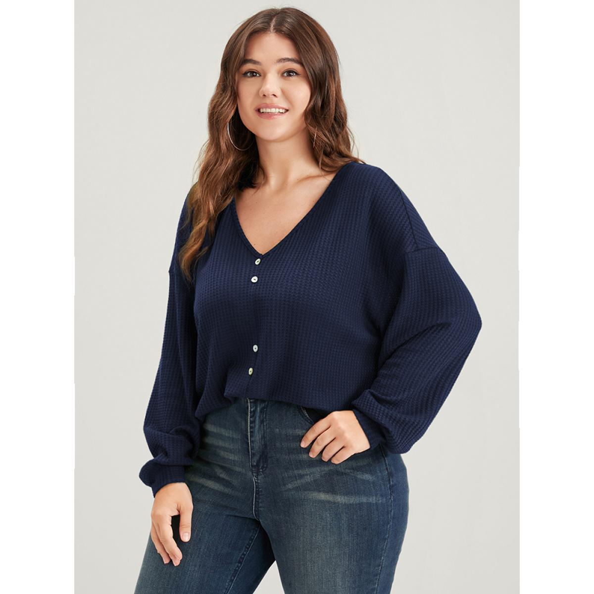 Plus Size Solid Fake Button Waffle Knit Drop Shoulder Sweatshirt Women DarkBlue Elegant Plain V-neck Dailywear Sweatshirts BloomChic 10/M Product Image