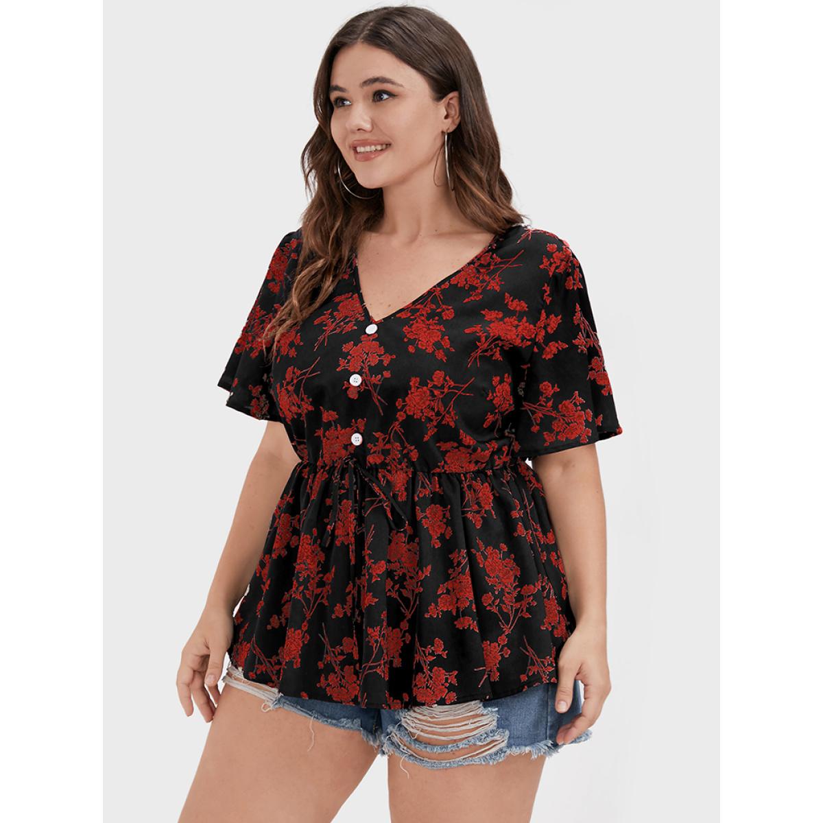 Plus Size Raspberry Floral Ties Button Ruffles V Neck Blouse Women Elegant Short sleeve V-neck Dailywear Blouses BloomChic 12/L Product Image
