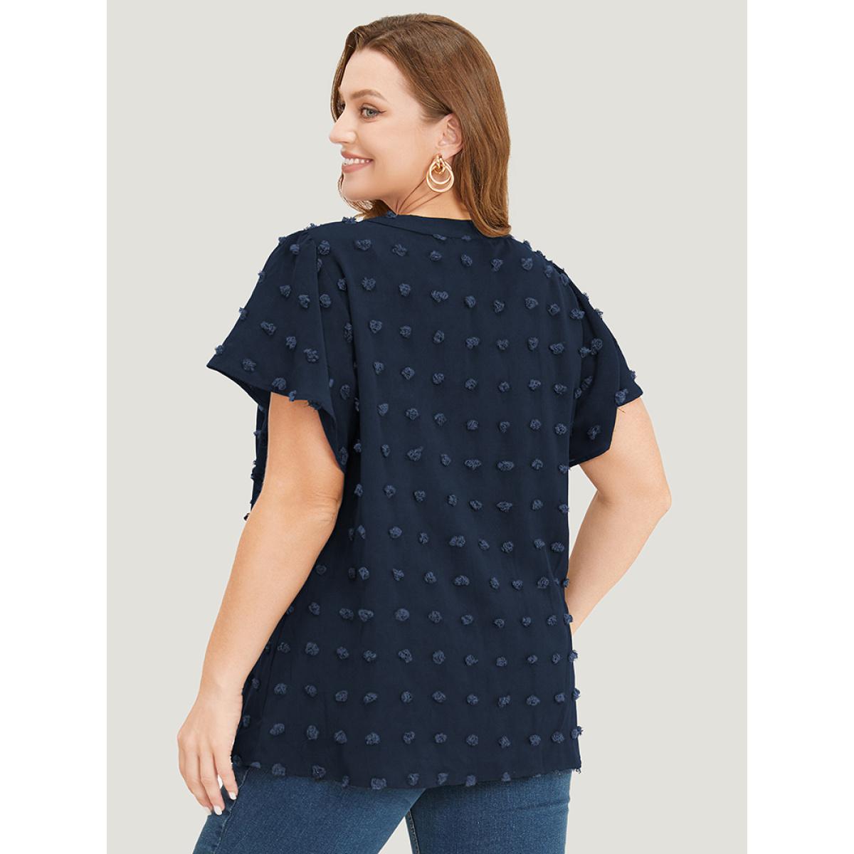 Plus Size Indigo Polka Dot Notched Neck Flutter Sleeve Blouse Women Office Short sleeve Notched collar Dailywear Blouses BloomChic 10/M Product Image