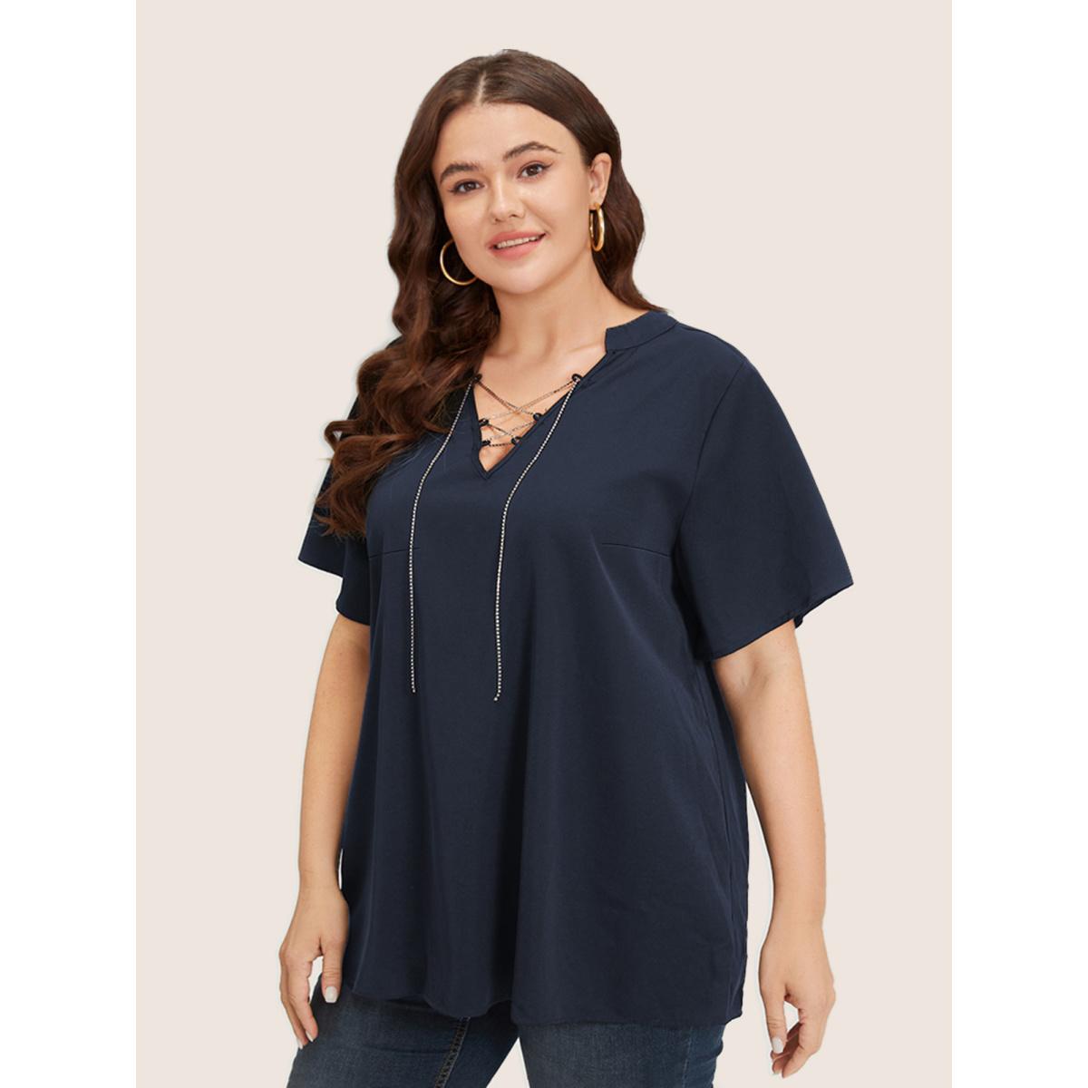 Plus Size Indigo Solid Crisscross Notched Metal Decor Blouse Women Office Short sleeve Notched collar Office Blouses BloomChic 10/M Product Image