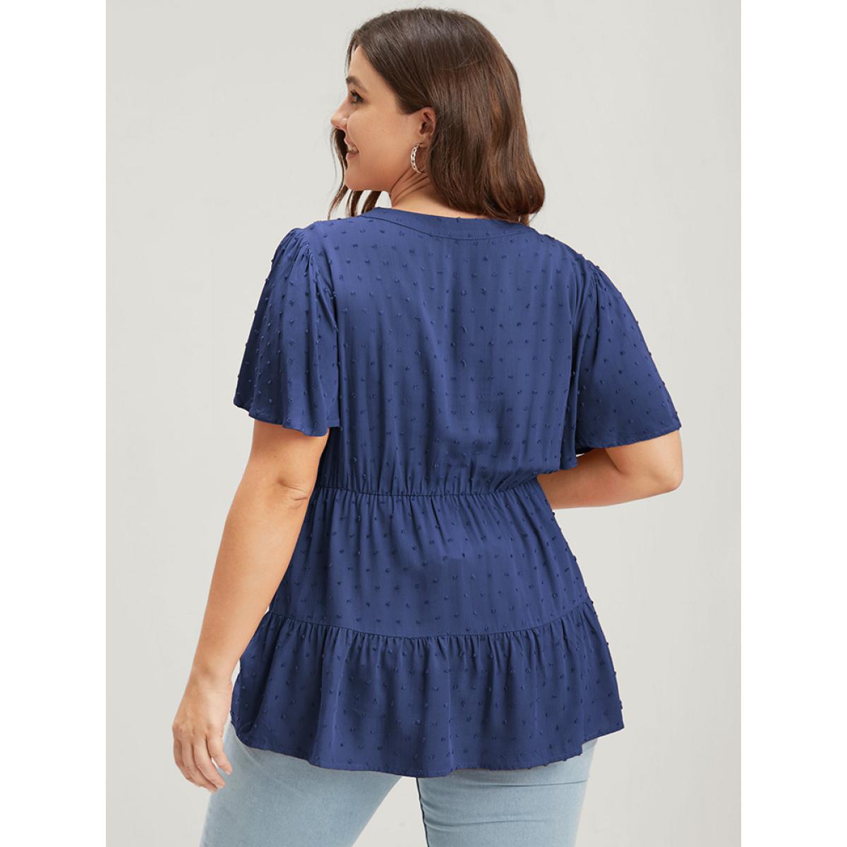 Plus Size DarkBlue Plain Crochet Lace Embroidered Ruffles Ties Neck Blouse Women Elegant Short sleeve V-neck Dailywear Blouses BloomChic 10/M Product Image