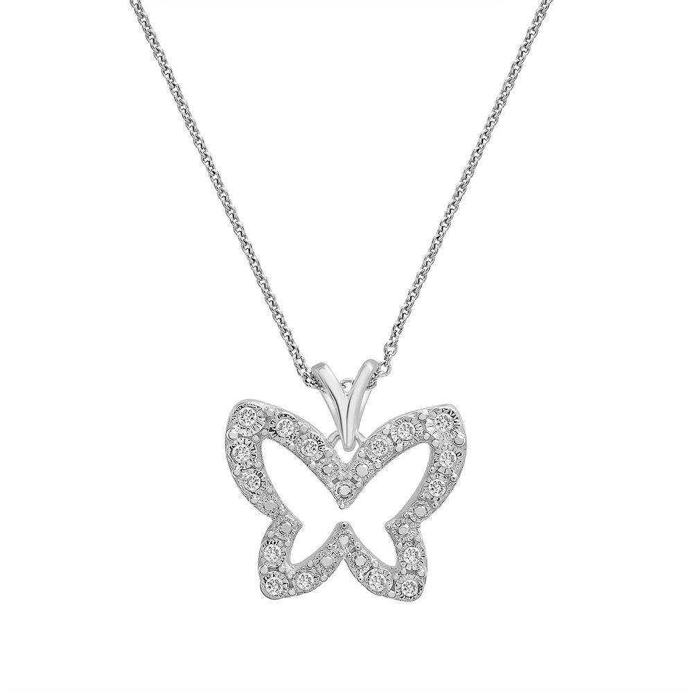 Sterling Silver 1/10 Carat T.W. Diamond Butterfly Pendant, Women's, Size: 18" Product Image