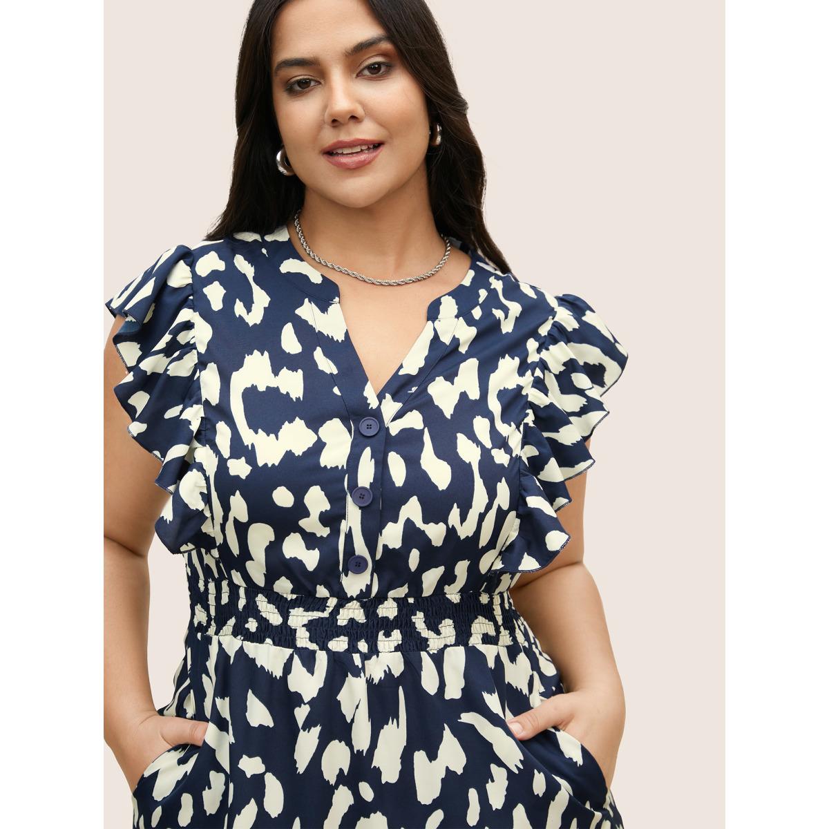 Plus Size Notched Leopard Print Cap Sleeve Ruffles Dress Navy Women At the Office Notched collar Cap Sleeve Curvy BloomChic 28/5X Product Image