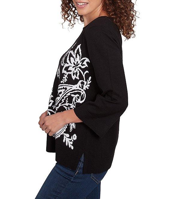 Ruby Rd. Jacquard Paisley Floral Keyhole Neck 3/4 Sleeve Sweater Product Image