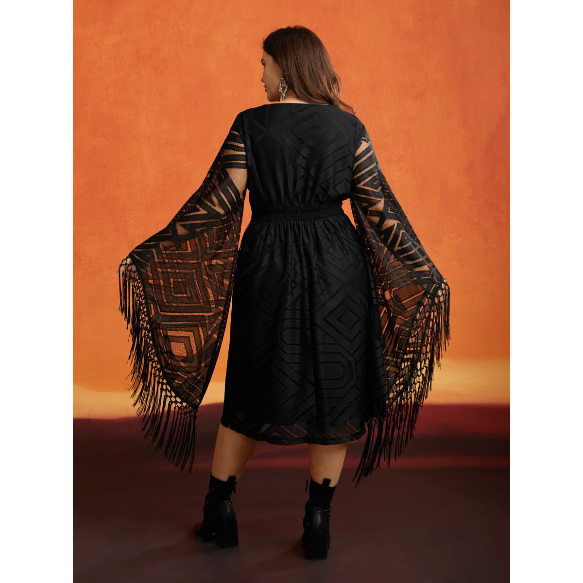 Plus Size Stretch Fabric Bell Sleeves Midi Dress Black Women Cocktail Texture Party Curvy Bloomchic 28/5X Product Image