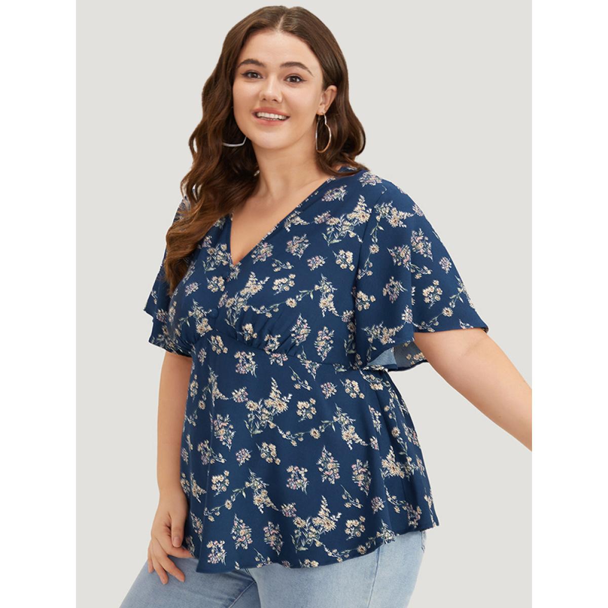 Plus Size Indigo Floral Print Flutter Sleeve Button Detail Blouse Women Elegant Short sleeve V-neck Dailywear Blouses BloomChic 30/6X Product Image