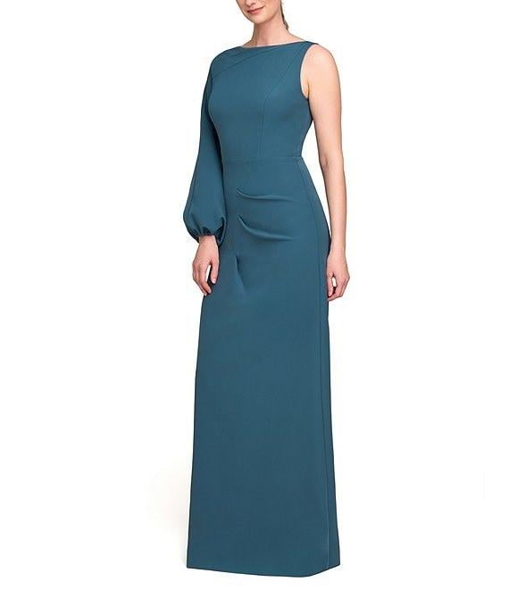 Kay Unger Iliana Stretch Crepe Bateau One Shoulder Bishop Sleeve Pleated A-Line Gown Product Image