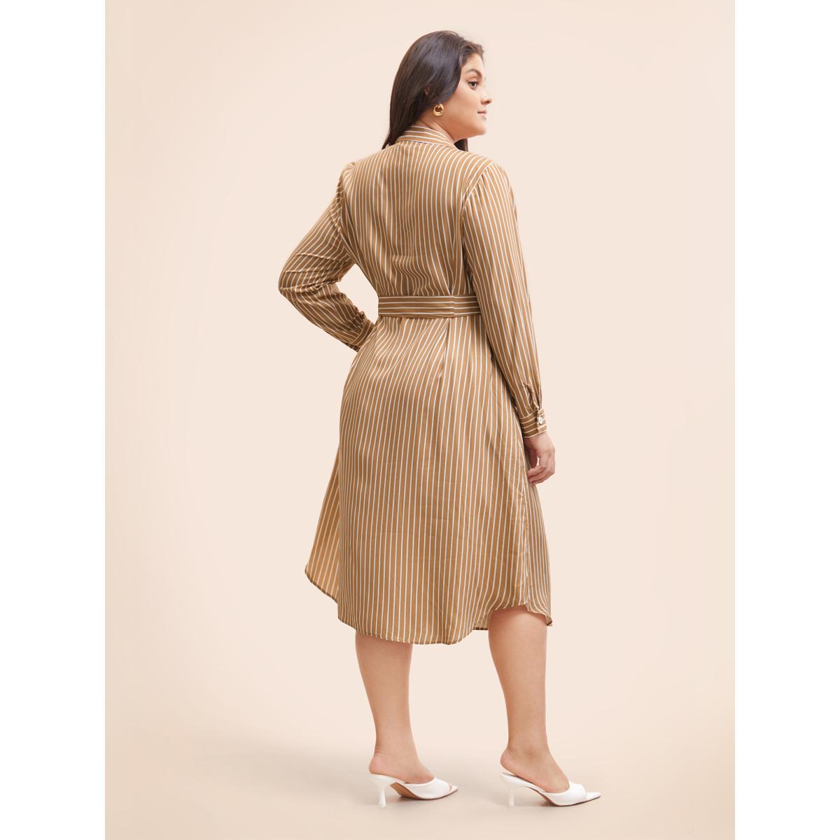 Plus Size Striped Shirt Collar Curved Hem Midi Dress LightBrown Women Workwear Essentials Belted Shirt collar Long Sleeve Curvy BloomChic 28/5X Product Image