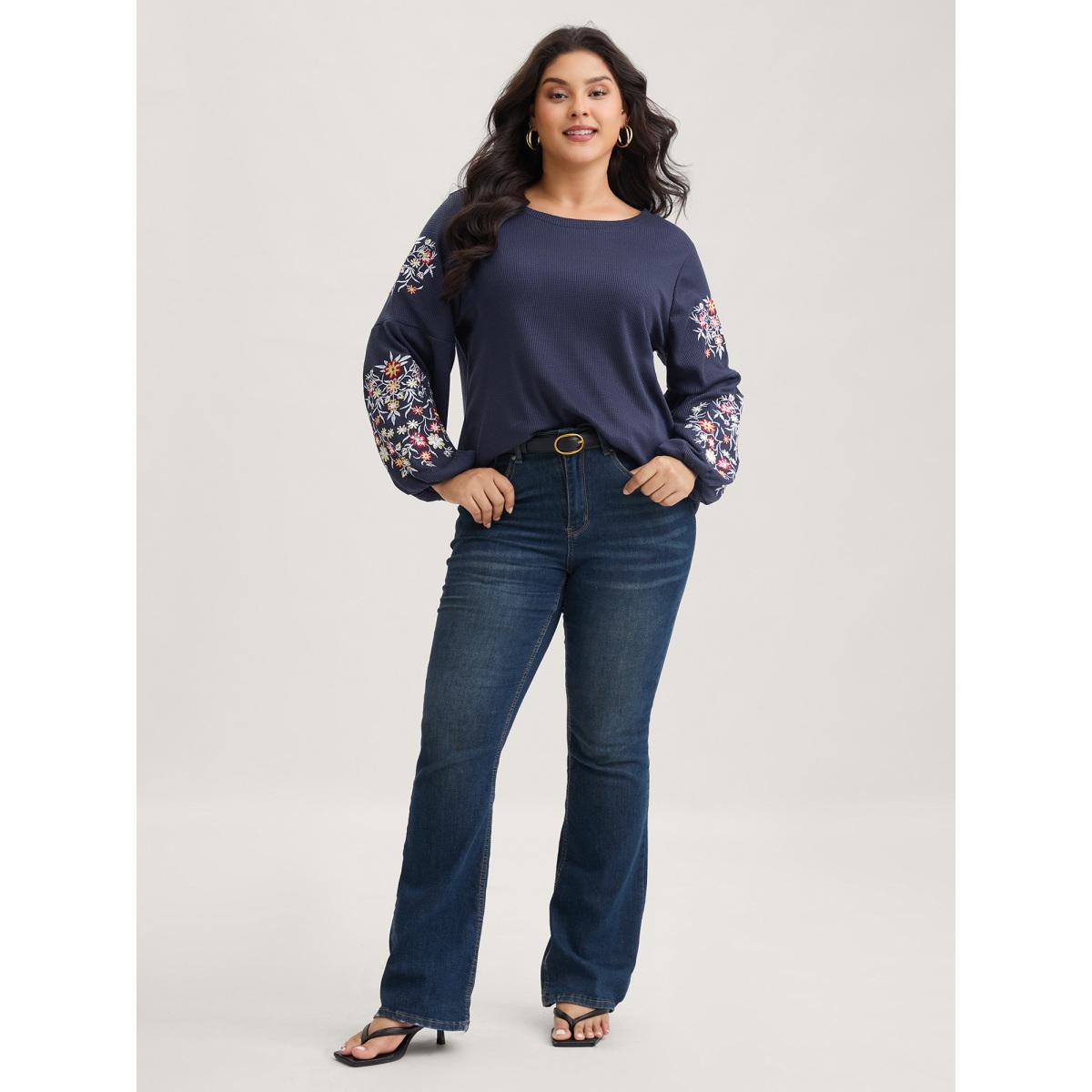 Plus Size Waffle Knit Floral Embroidered Lantern Sleeve T-shirt Indigo Women Leisure Texture Floral Round Neck Casual T-shirts BloomChic 10/M Product Image