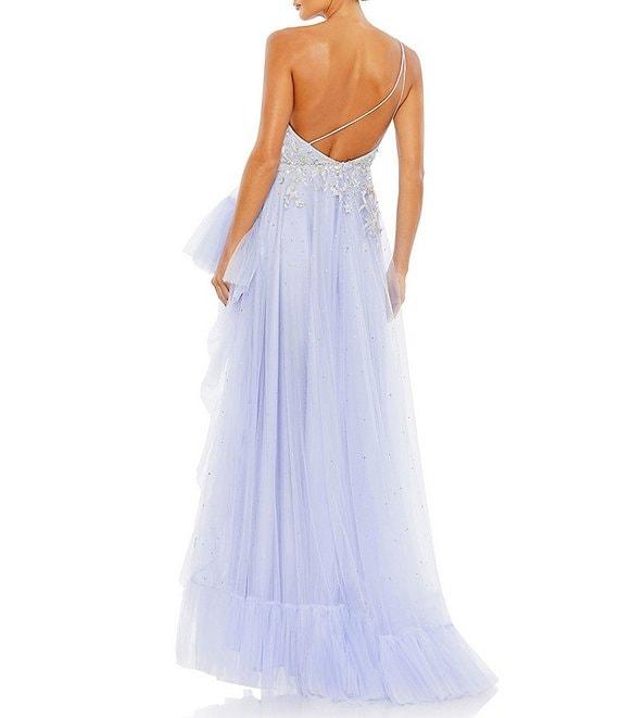 Mac Duggal Embellished One Shoulder Sleeveless Ruffle Hem Open Back Detail Asymmetrical Gown Product Image