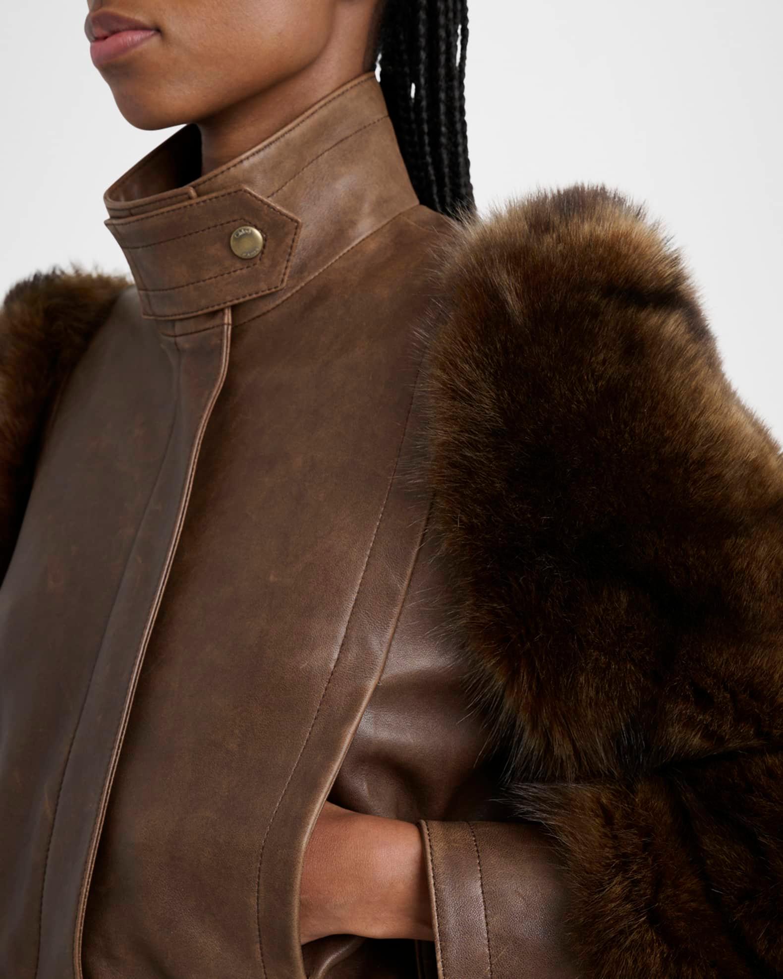 Faux Fur Sleeves Leather Bomber Jacket Product Image