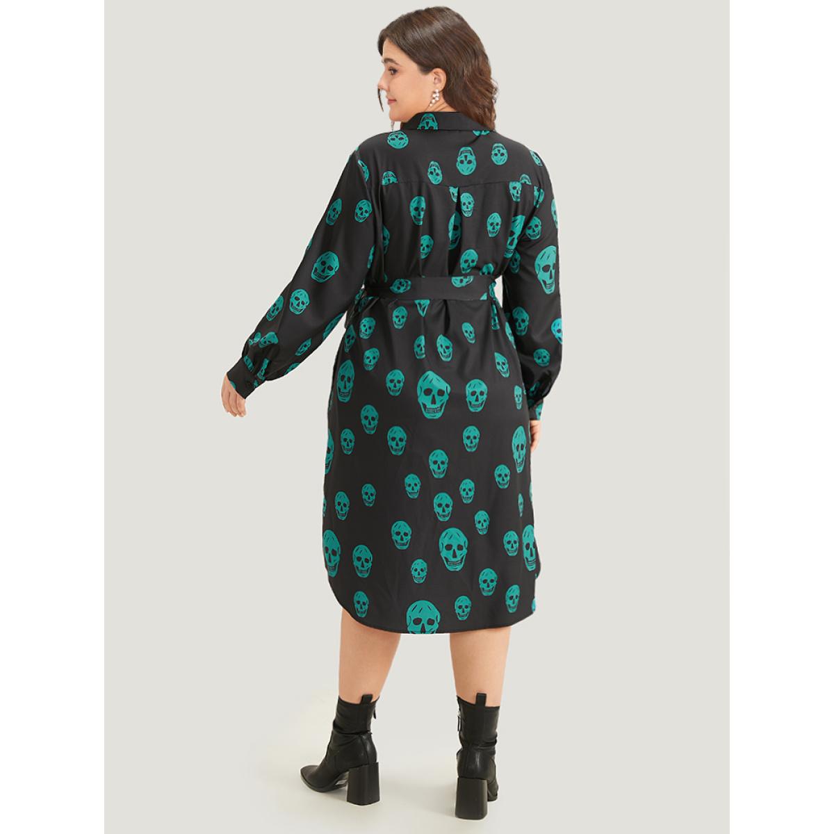 Plus Size Halloween Skull Print Shirt Collar Belted Split Hem Dress Black Women Office Belted Shirt collar Long Sleeve Curvy Knee Dress BloomChic 28/5X Product Image
