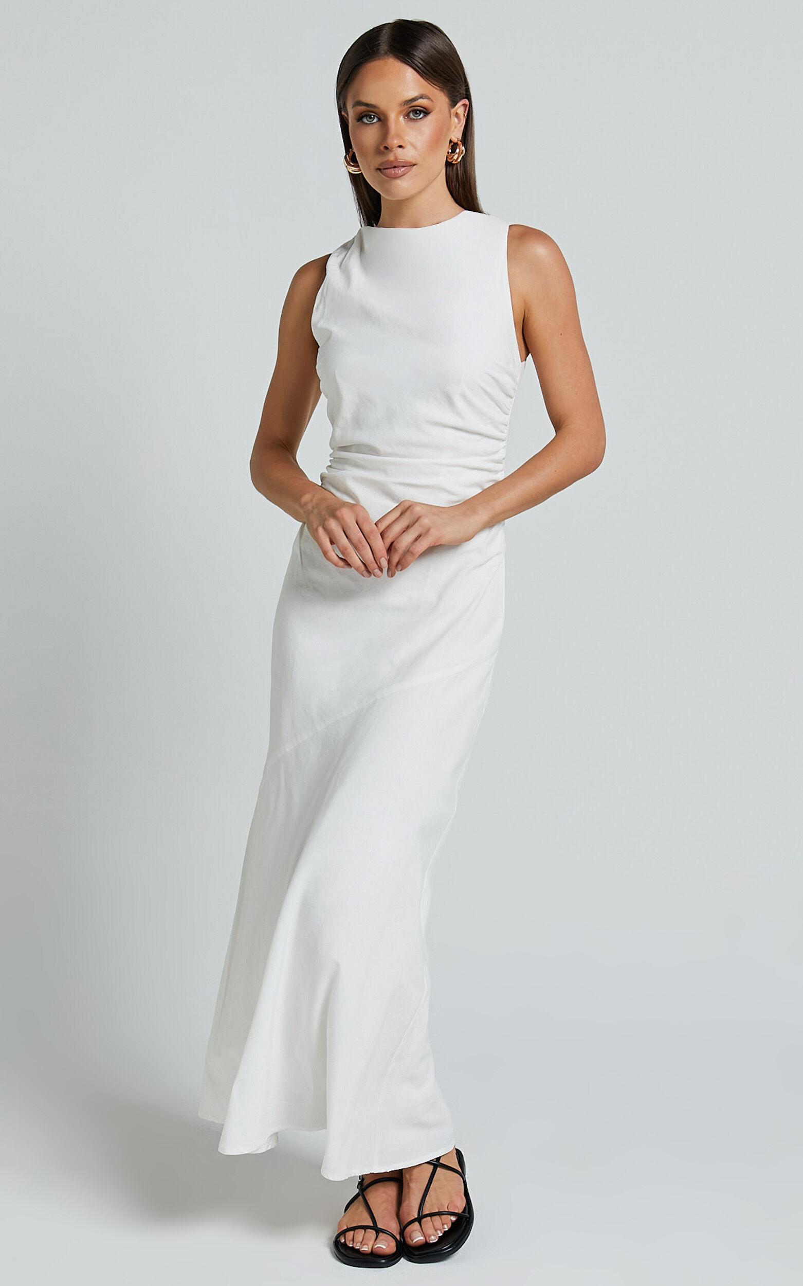 Sylvie Midi Dress - High Neck Flare Dress in White Product Image