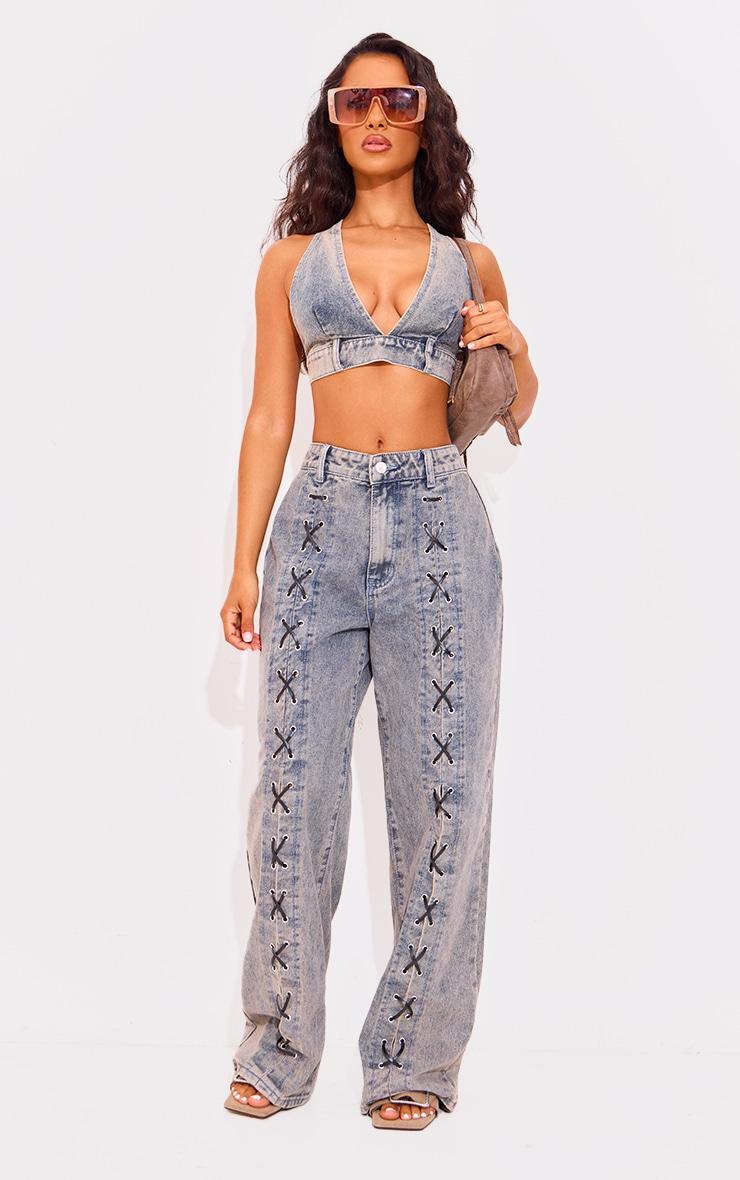 Petite Washed Blue Denim V-neck Bralet Product Image