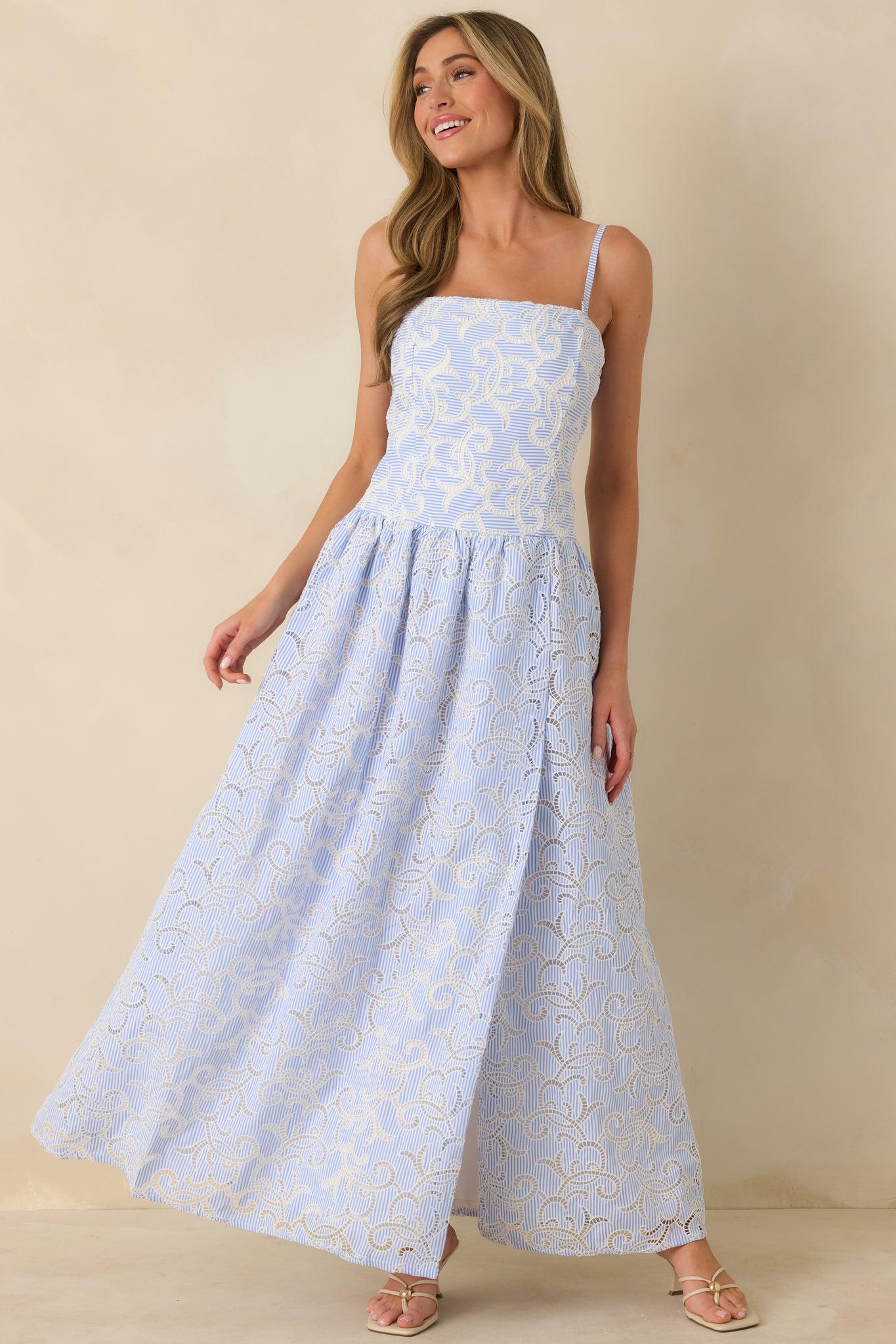 The Space Between Blue Stripe Embroidered Eyelet Maxi Dress L / Blue Product Image