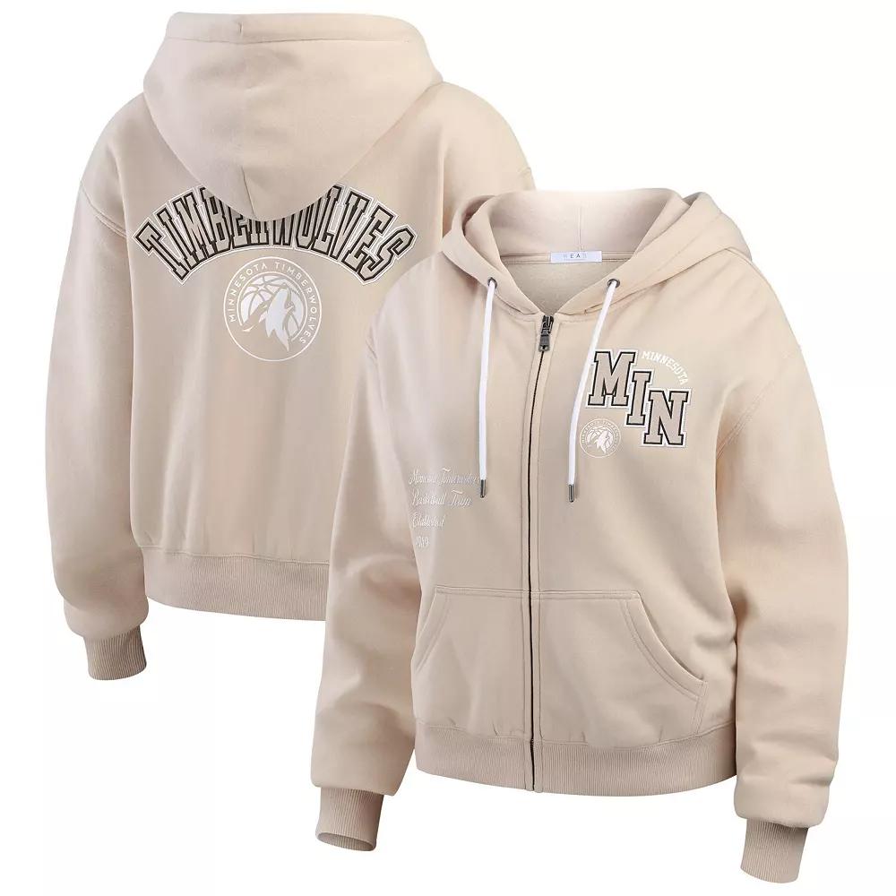 Women's WEAR by Erin Andrews Tan Minnesota Timberwolves Tonal Felt Patch Full-Zip Hoodie, Size: Medium, Team Product Image