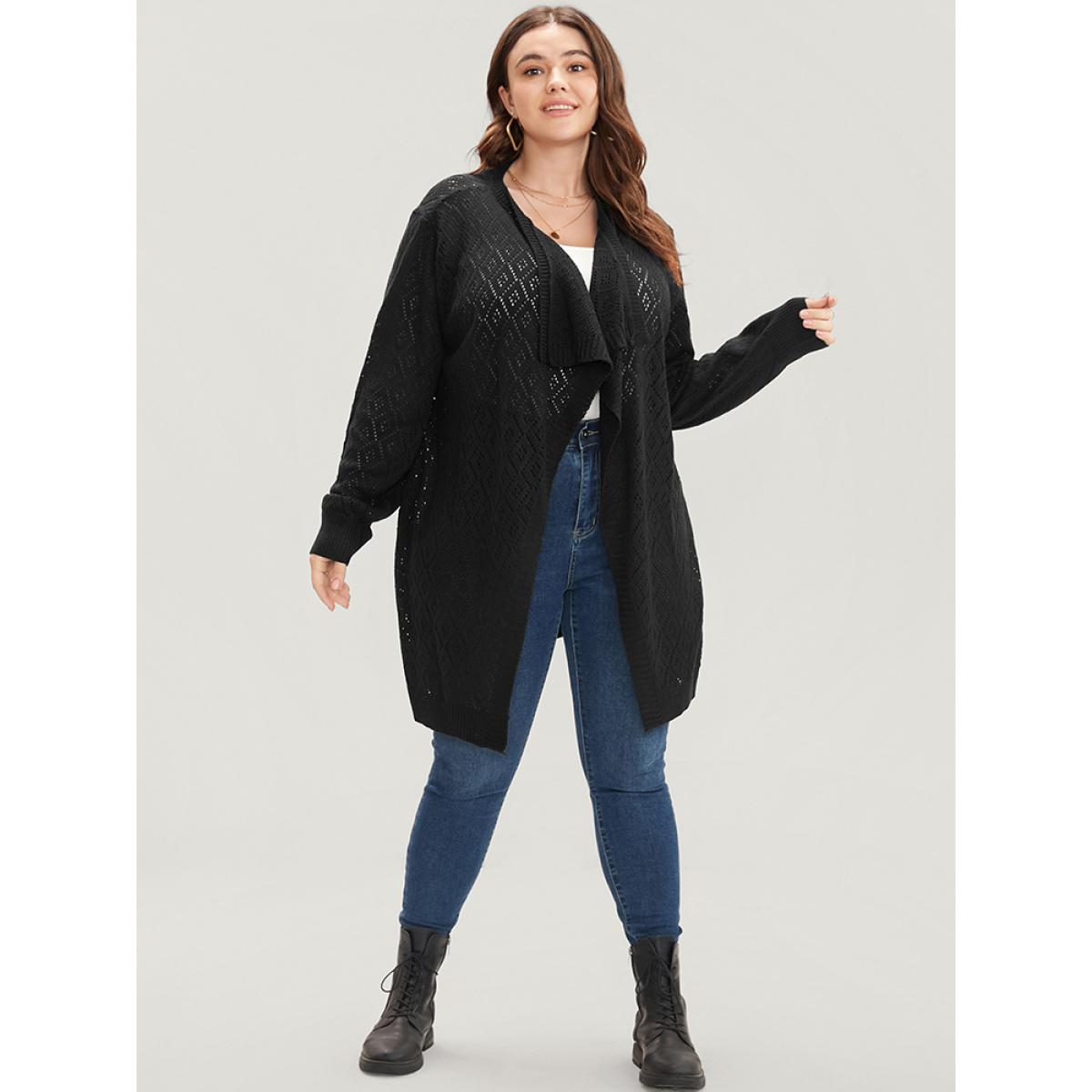 Plus Size Plain Pointelle Knit Argyle Eyelet Asymmetrical Open Front Cardigan Black Women Casual Loose Long Sleeve Dailywear Cardigans BloomChic 10/M Product Image