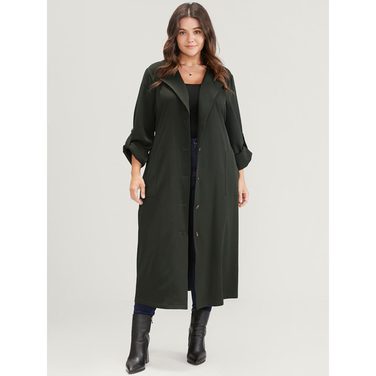 Plus Size Solid Cuffed Sleeve Belted Pocket Button Up Trench Coat Women ArmyGreen Casual Plain Ladies Dailywear Winter Coats BloomChic 22-24/3X Product Image