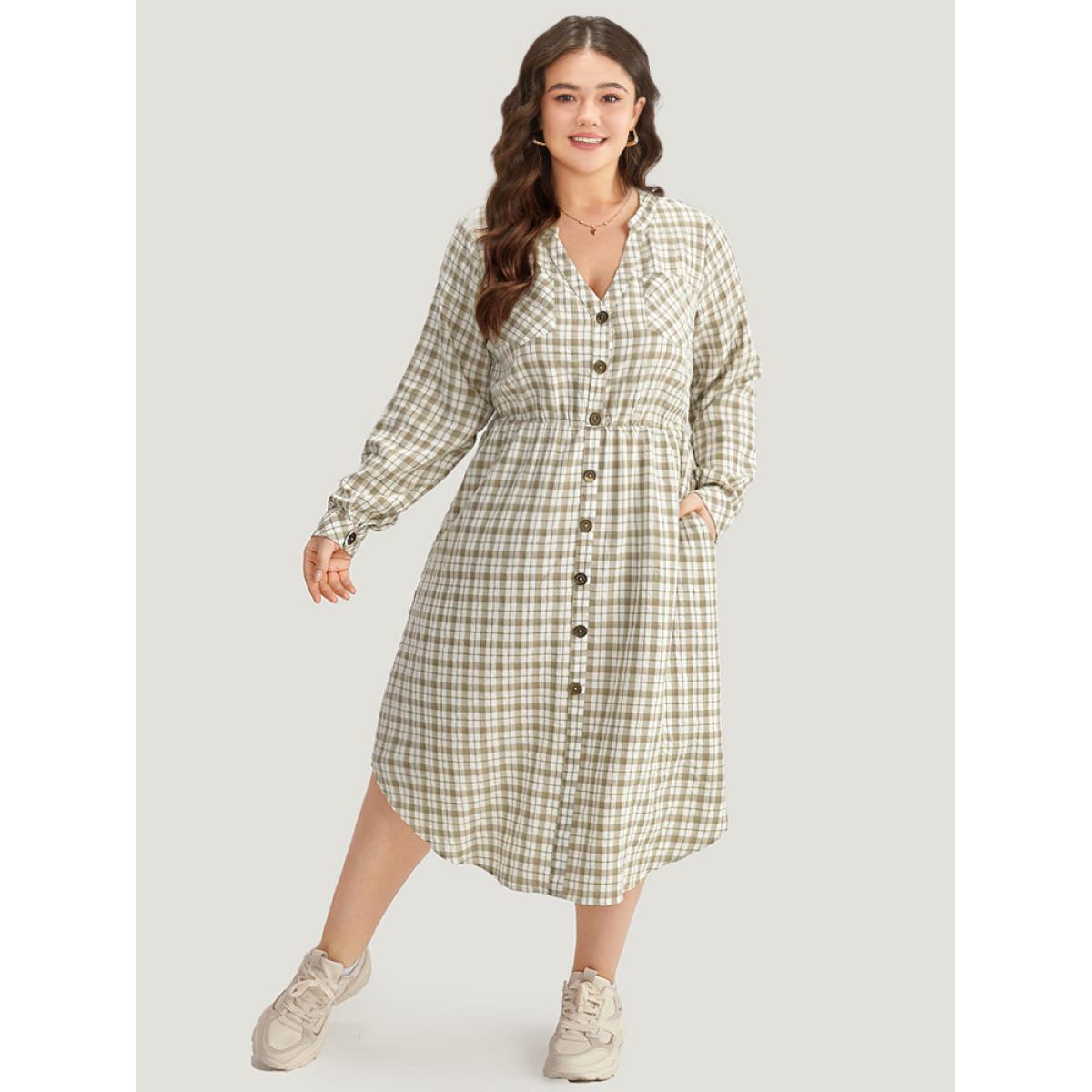 Plus Size Gingham Button Through Arc Hem Dress Sage Women Casual Printed Notched collar Long Sleeve Curvy Midi Dress BloomChic 26/4X Product Image