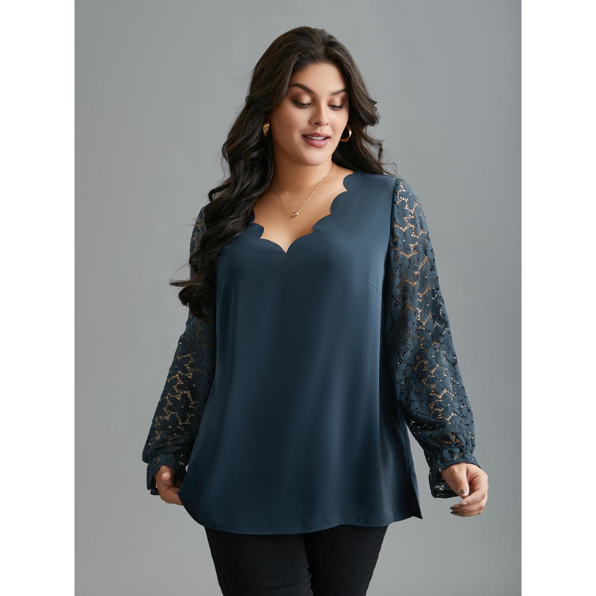 Plus Size Indigo Sheer Floral Sleeve Scalloped Neck Shirt Women Elegant Long Sleeve V-neck Everyday Blouses BloomChic 28/5X Product Image