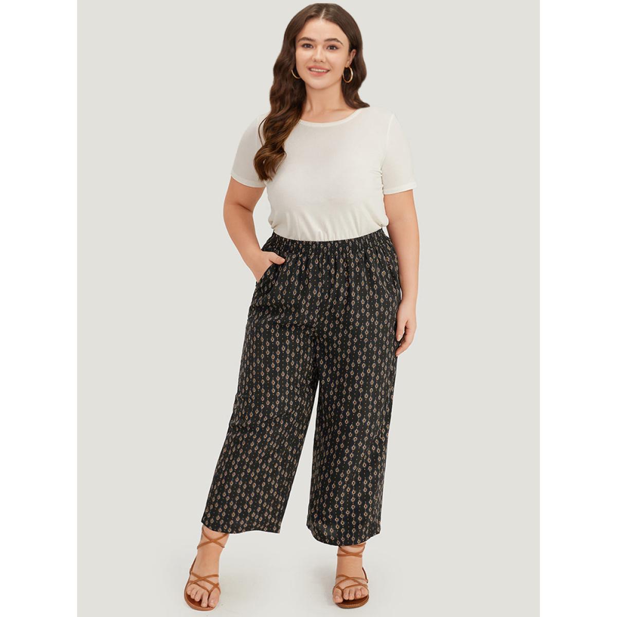 Plus Size Boho Print Pocket Elastic Waist Pants Women Black Casual High Rise Dailywear Pants BloomChic 28/5X Product Image