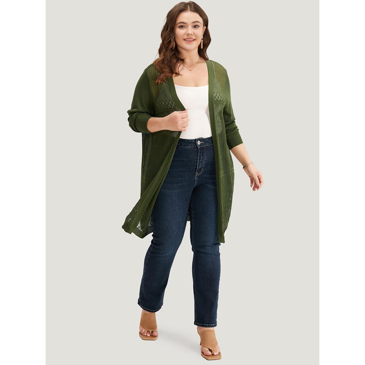 Plus Size Geometric Open Front Hollow Out Cardigan Moss Women Casual Loose Long Sleeve Dailywear Cardigans BloomChic 22-24/3X Product Image