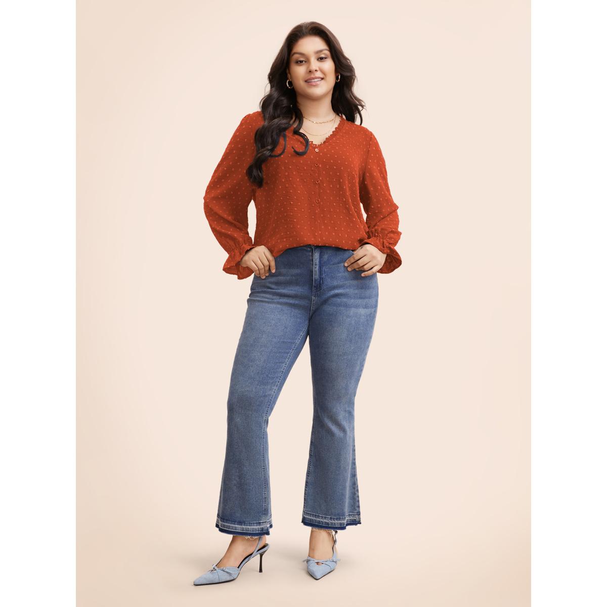 Plus Size Rust Textured Lace Trim Patchwork Ruffles Blouse Women Timeless Long Sleeve V-neck Elegant Blouses BloomChic 26/4X Product Image