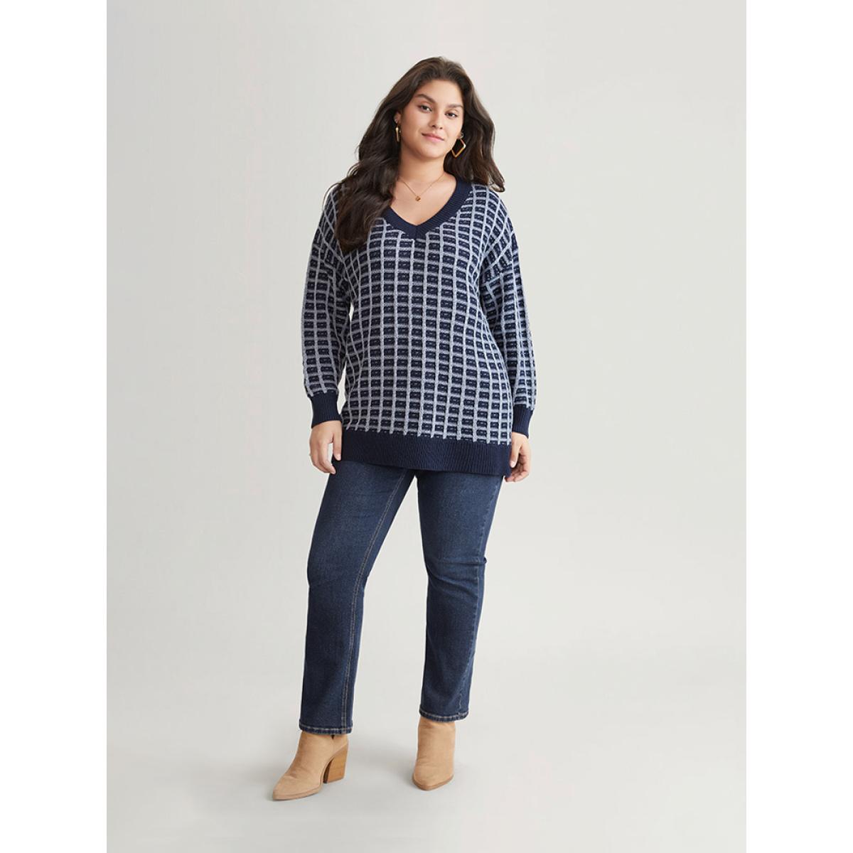 Plus Size Gingham Plisse V Neck Elastic Cuffs Pullover Midnight Women Casual Loose Long Sleeve V-neck Dailywear Pullovers BloomChic 12/L Product Image