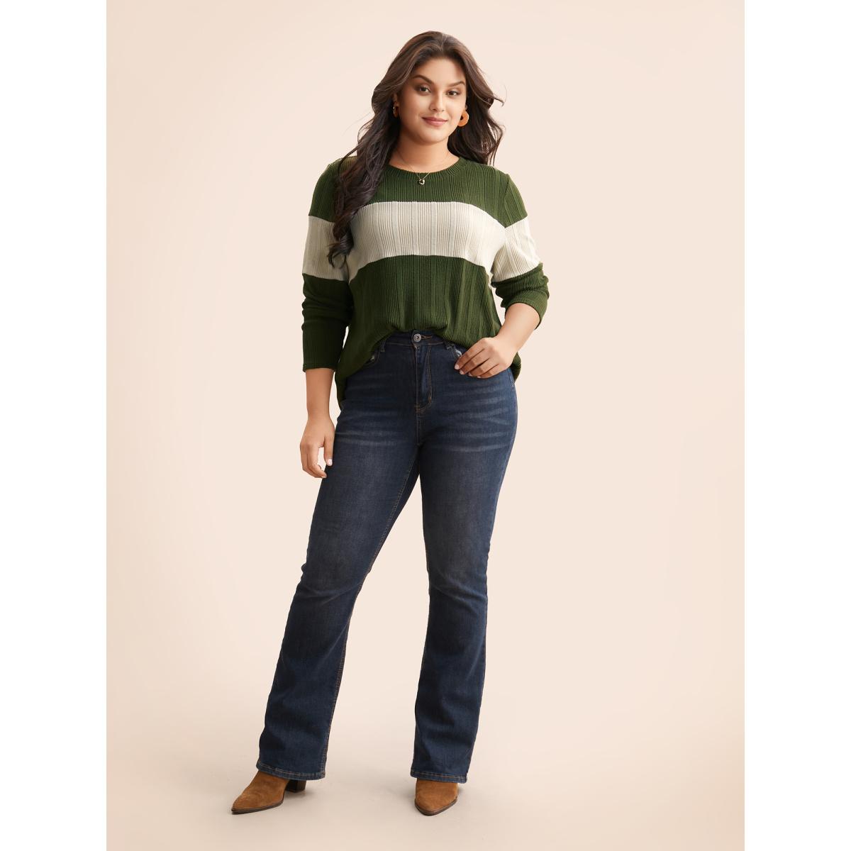 Plus Size Contrast Patchwork Textured T-shirt ArmyGreen Women Casual Texture Round Neck Everyday T-shirts BloomChic 26/4X Product Image