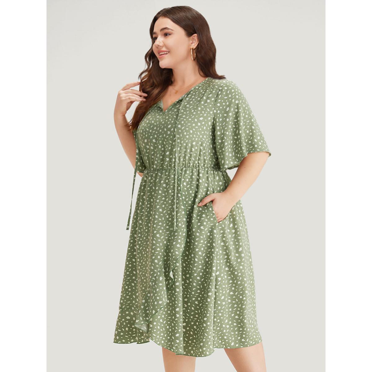Plus Size Leopard Print Pocket Knot Neck Flutter Trim Dress Sage Women Office Cross straps Notched collar Short sleeve Curvy Midi Dress BloomChic 18-20/2X Product Image