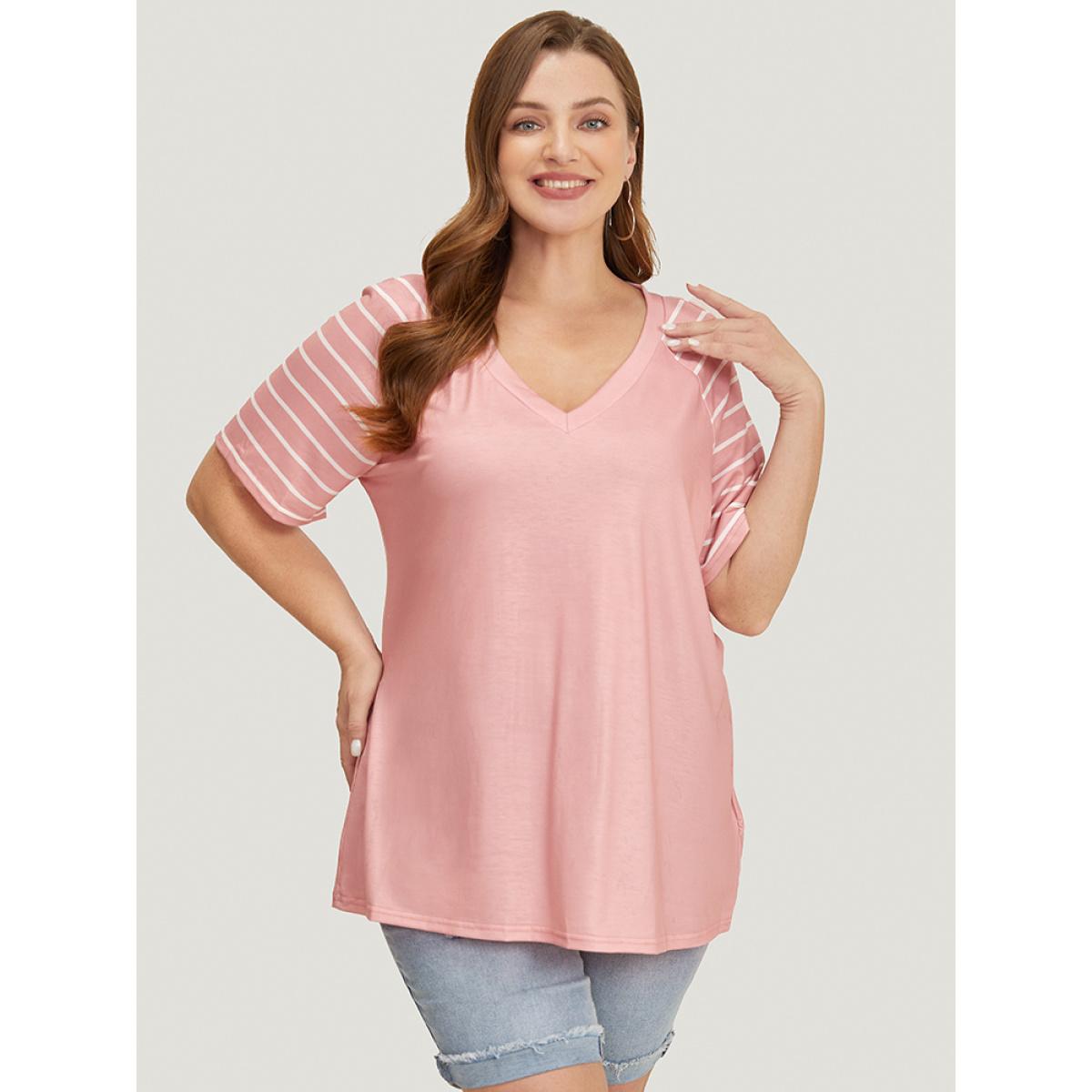 Plus Size Striped Contrast Raglan Sleeve V Neck T-shirt Crepe Women Casual Patchwork Striped V-neck Dailywear T-shirts BloomChic 12/L Product Image