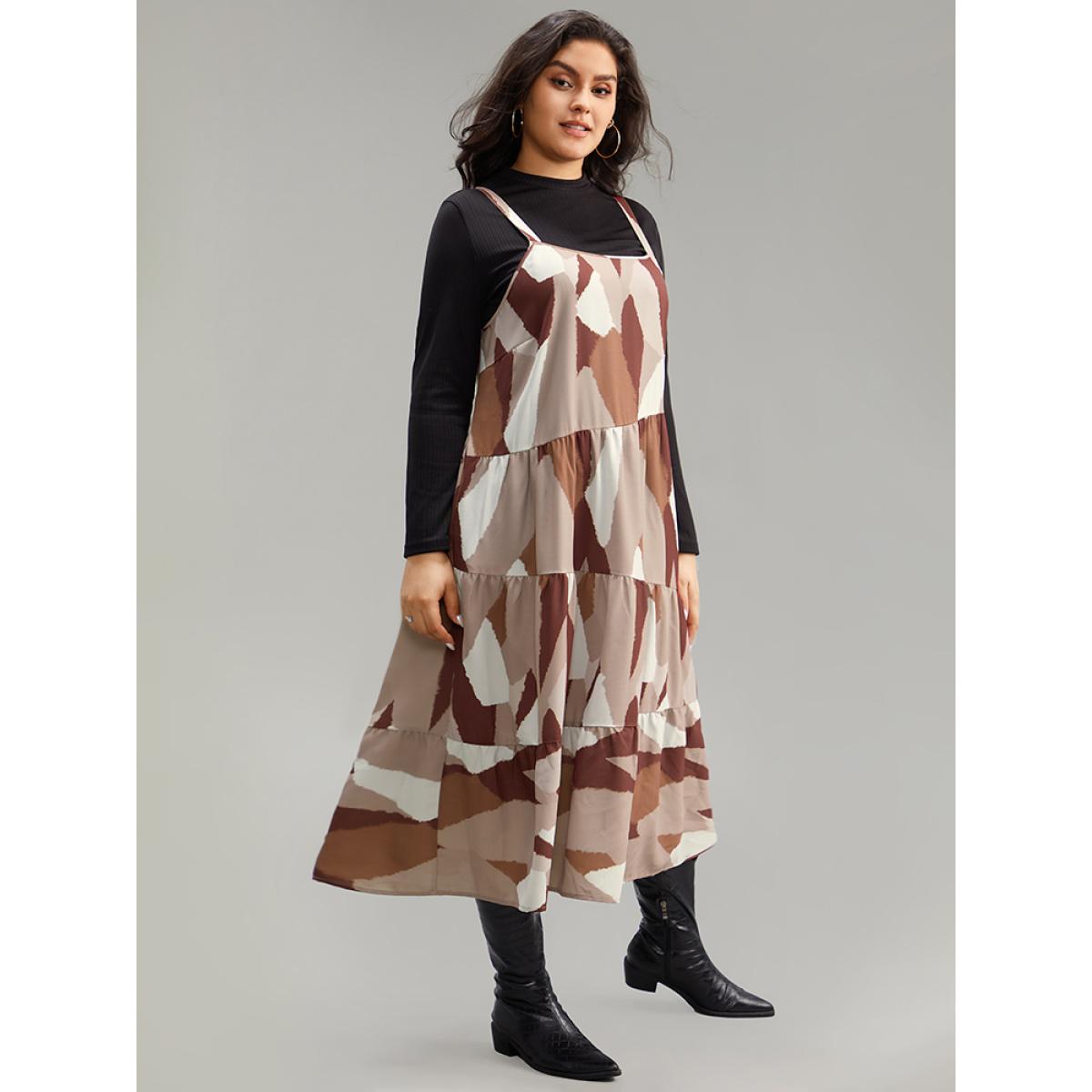 Plus Size Colorblock Contrast Pocket Cami Ruffle Hem Dress LightBrown Women Casual Adjustable Straps Spaghetti Strap Sleeveless Curvy Midi Dress BloomChic 26/4X Product Image