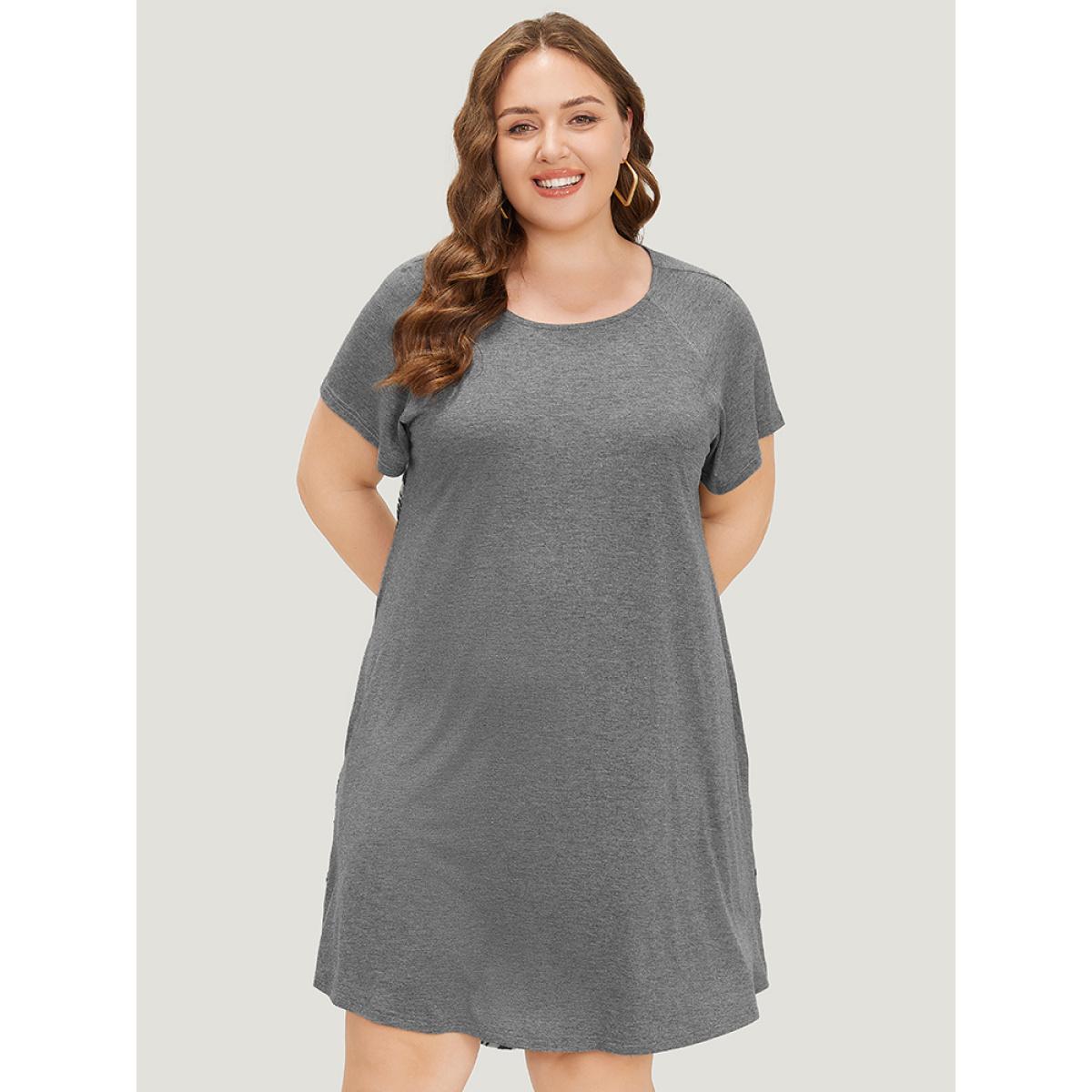 Plus Size Plaid Patchwork Pocket Raglan Sleeve High Low Dress Gray Women Casual Arc Hem Round Neck Short sleeve Curvy Knee Dress BloomChic 12/L Product Image