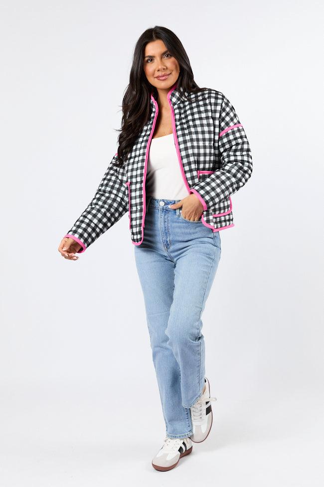 Going For It Black Gingham Printed Zip Up Jacket FINAL SALE Product Image