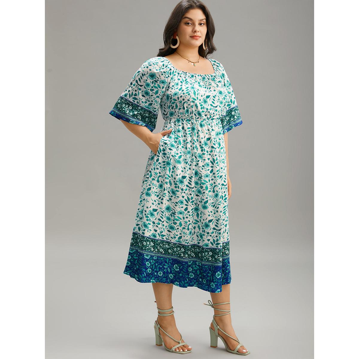 Plus Size Floral Print Patchwork Square Neck Raglan Sleeve Dress Emerald Women Vacation Gathered Square Neck Half Sleeve Curvy Midi Dress BloomChic 30/6X Product Image