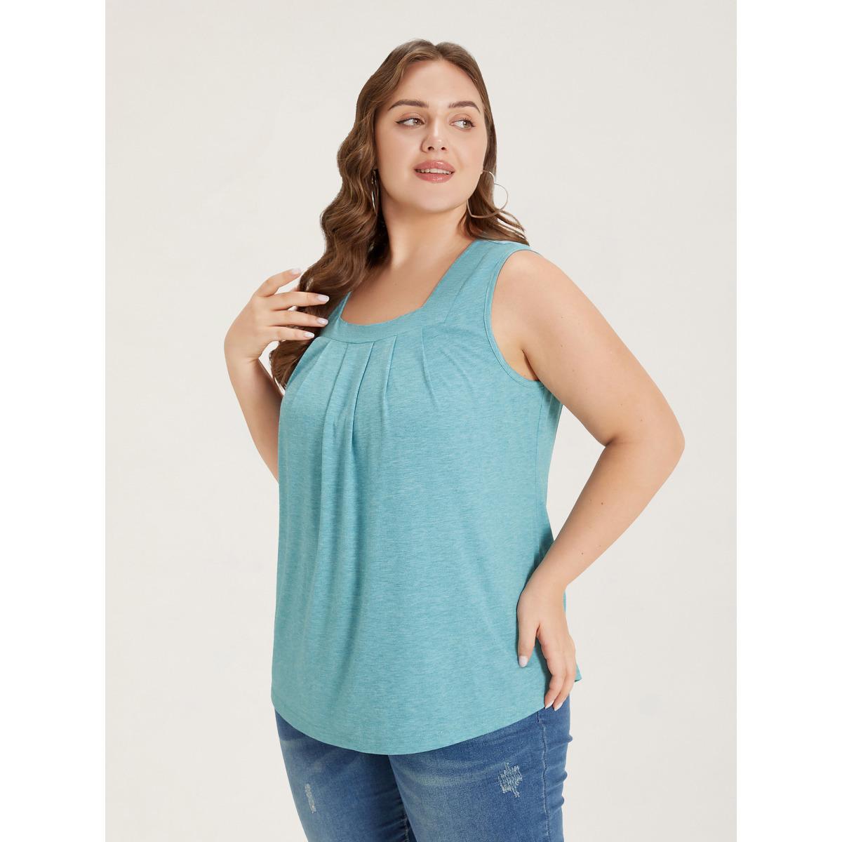Plus Size Heather Plicated Detail Square Neck Tank Top Women Turquoise Leisure Non U-neck Casual Tank Tops Camis BloomChic 30/6X Product Image