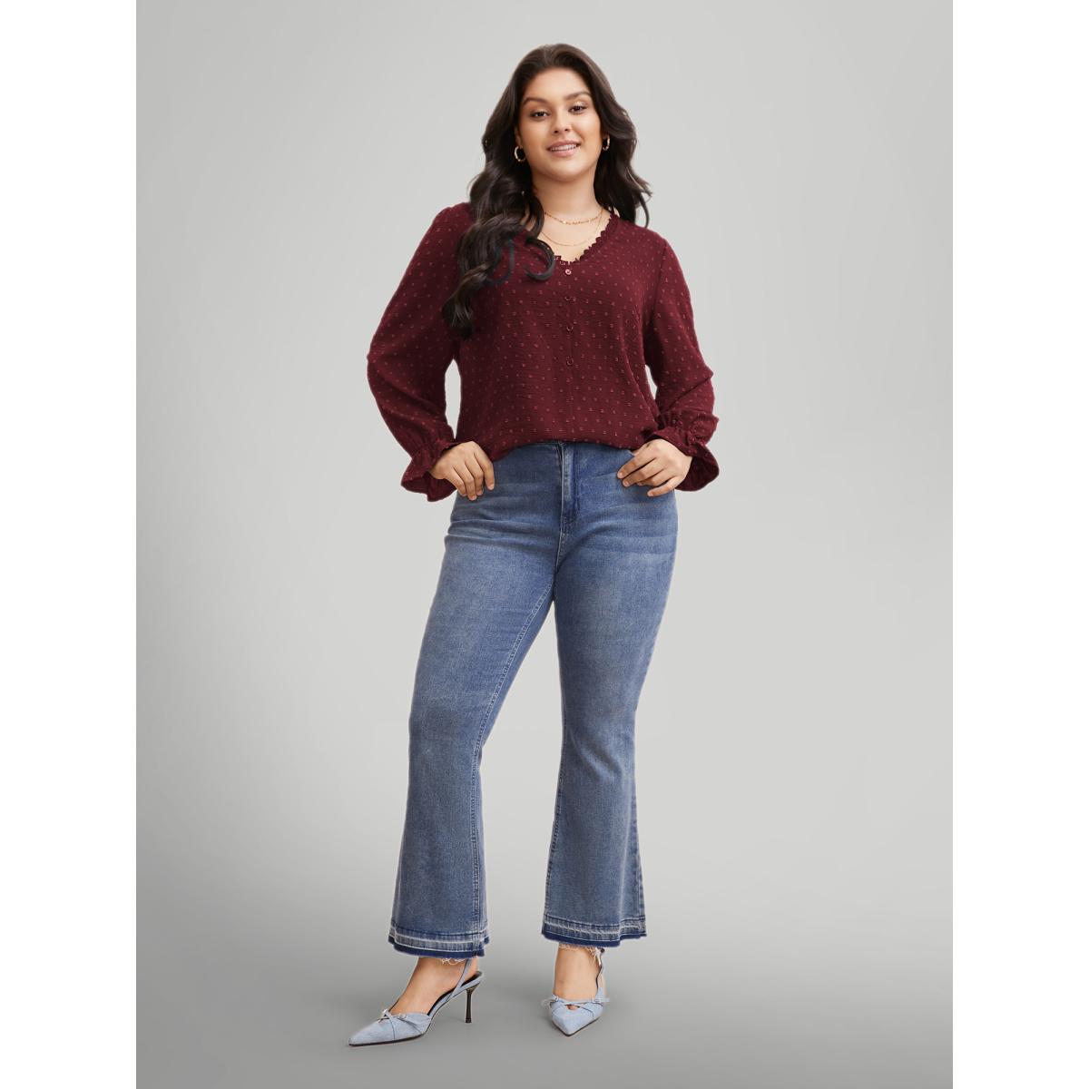 Plus Size Burgundy Textured Lace Trim Patchwork Ruffles Blouse Women Elegant Long Sleeve V-neck Everyday Blouses BloomChic 28/5X Product Image