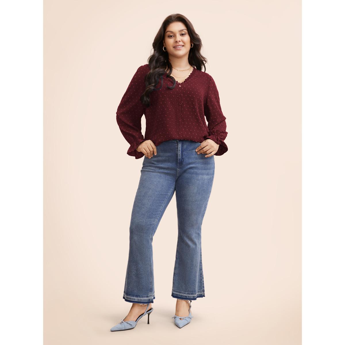 Plus Size Burgundy Textured Lace Trim Patchwork Ruffles Blouse Women Elegant Long Sleeve V-neck Everyday Blouses BloomChic 28/5X Product Image