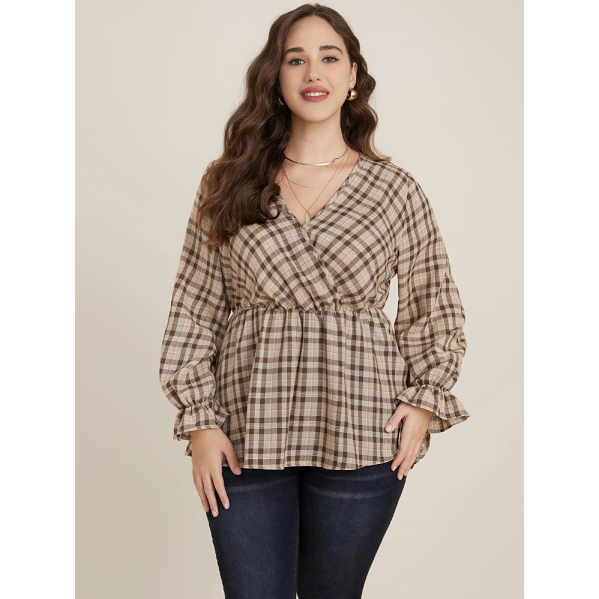 Plus Size LightBrown Plaid Lantern Sleeve Surplice Neck Blouse Women Elegant Long Sleeve V-neck Dailywear Blouses BloomChic 10/M Product Image