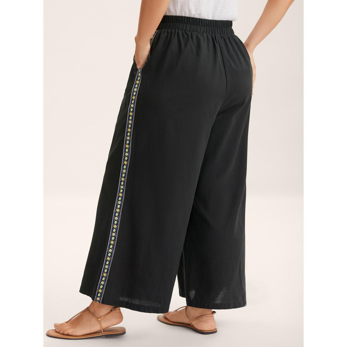 Plus Size Lace Detail Solid Straight-Leg Pants Women Black Resort Straight Leg Mid Rise Vacation Pants BloomChic 22-24/3X Product Image